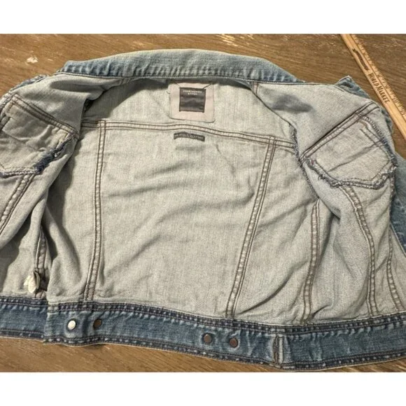 Abercrombie & Fitch Denim Jacket Women Large Blue Button Distressed Y2k 90s - Picture 8 of 11